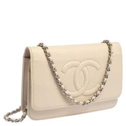 مملوكة مسبقًا Chanel Beige Caviar Leather CC Timeless Wallet On Chain