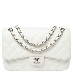 مملوكة مسبقًا Chanel White Quilted Caviar Leather Jumbo Classic Double Flap Bag