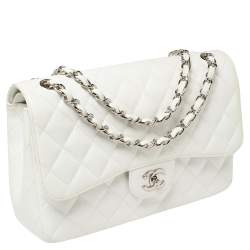 مملوكة مسبقًا Chanel White Quilted Caviar Leather Jumbo Classic Double Flap Bag