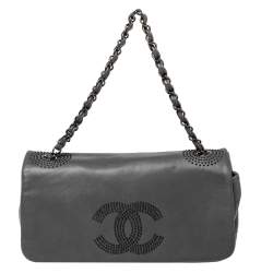 Pre Owned Chanel Grey Lambskin Leather Studded CC East West Flap Bag