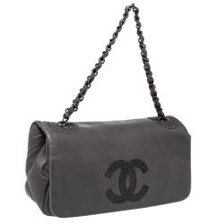 Pre Owned Chanel Grey Lambskin Leather Studded CC East West Flap Bag