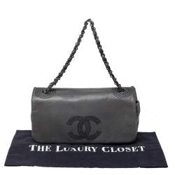 Pre Owned Chanel Grey Lambskin Leather Studded CC East West Flap Bag
