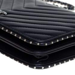 Pre Owned Chanel Navy Blue Chevron Lambskin Leather Studded Wallet On Chain