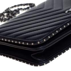 Pre Owned Chanel Navy Blue Chevron Lambskin Leather Studded Wallet On Chain