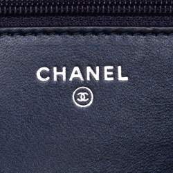 Pre Owned Chanel Navy Blue Chevron Lambskin Leather Studded Wallet On Chain