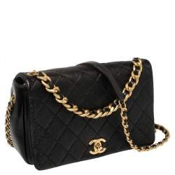Pre Owned Chanel Black Glazed Leather Chain Handle Flap Bag