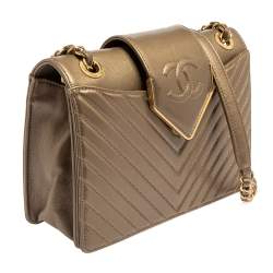 Pre Owned Chanel Metallic Brown Chevron Collar and Tie Flap Bag