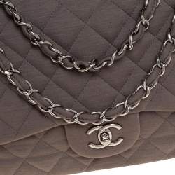 Pre Owned Chanel Dark Beige Quilted Jersey Jumbo Classic Single Flap Bag