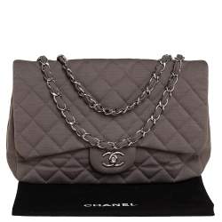 Pre Owned Chanel Dark Beige Quilted Jersey Jumbo Classic Single Flap Bag