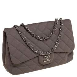 Pre Owned Chanel Dark Beige Quilted Jersey Jumbo Classic Single Flap Bag