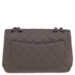 Pre Owned Chanel Dark Beige Quilted Jersey Jumbo Classic Single Flap Bag