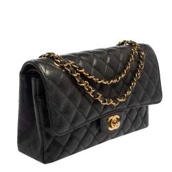 Pre Owned Chanel Black Quilted Caviar Leather Medium Classic Double Flap Bag