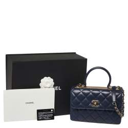 Pre Owned Chanel Navy Blue Quilted Lambskin Leather Small Trendy CC Flap Top Handle Bag