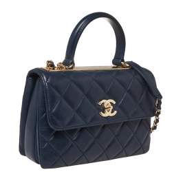 Pre Owned Chanel Navy Blue Quilted Lambskin Leather Small Trendy CC Flap Top Handle Bag