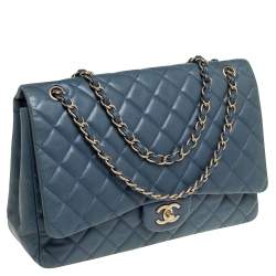 Pre Owned Chanel Blue Quilted Lambskin Leather Maxi Classic Single Flap Bag