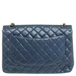 Pre Owned Chanel Blue Quilted Lambskin Leather Maxi Classic Single Flap Bag