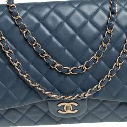 Pre Owned Chanel Blue Quilted Lambskin Leather Maxi Classic Single Flap Bag