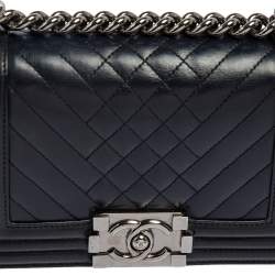 Pre Owned Chanel Blue Quilted Leather Small Boy Flap Bag
