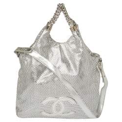 Chanel Silver Perforated Leather Large Rodeo Drive Hobo Chanel