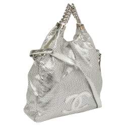 Pre Owned Chanel Silver Perforated Leather Large Rodeo Drive Hobo