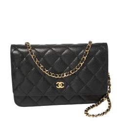 مملوكة مسبقًا Chanel Black Quilted Caviar Leather Classic Wallet on Chain