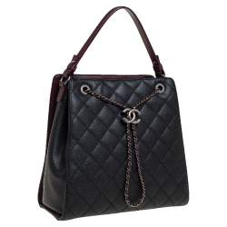 Pre Owned Chanel Black/Burgundy Quilted Caviar Leather Accordion Bucket Bag