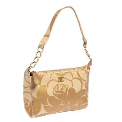 Pre Owned Chanel Gold Camellia Print Raffia Shoulder Bag