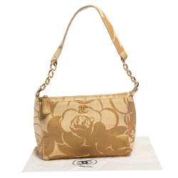 Pre Owned Chanel Gold Camellia Print Raffia Shoulder Bag