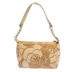 Pre Owned Chanel Gold Camellia Print Raffia Shoulder Bag