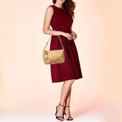 Pre Owned Chanel Gold Camellia Print Raffia Shoulder Bag