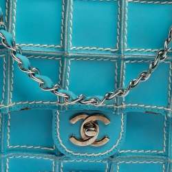 Pre Owned Chanel Blue Leather Vintage Reverse Stitch Flap Bag