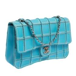 Pre Owned Chanel Blue Leather Vintage Reverse Stitch Flap Bag