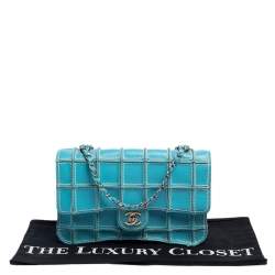 Pre Owned Chanel Blue Leather Vintage Reverse Stitch Flap Bag
