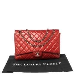 Pre Owned Chanel Red Quilted Leather Maxi Classic Double Flap Bag