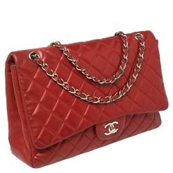 Pre Owned Chanel Red Quilted Leather Maxi Classic Double Flap Bag