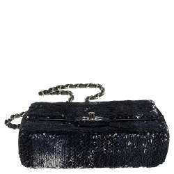 Pre Owned Chanel Black/Navy Blue Sequins Flap Bag