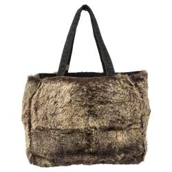 Pre Owned حقيبة يد توتس شانيل فينتدج سويدي وفرو أرنب أسود/ بني