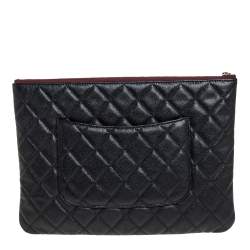 Pre Owned Chanel Black Quilted Caviar Leather Medium O Case Clutch