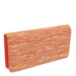 Pre Owned محفظة شانيل CC جلد لامعة مخططة برتقالية