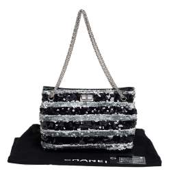 Chanel Black/Grey Striped Sequins and Patent Leather Small Reissue Tote