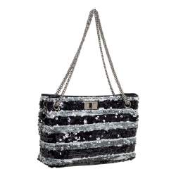 Pre Owned Chanel Black/Grey Striped Sequins and Patent Leather Small Reissue Tote