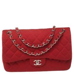Pre Owned Chanel Red Quilted Jersey Jumbo Classic Double Flap Bag
