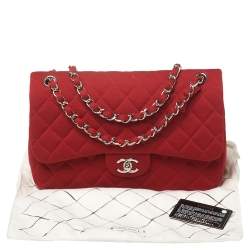 Pre Owned Chanel Red Quilted Jersey Jumbo Classic Double Flap Bag