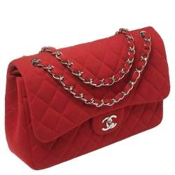 Pre Owned Chanel Red Quilted Jersey Jumbo Classic Double Flap Bag