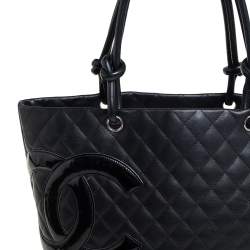 Pre Owned حقيبة يد توتس شانيل لينه كامبون جلد مبطن سوداء كبيرة 