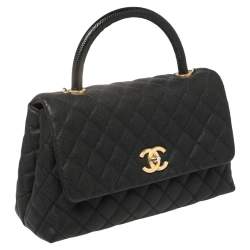 Pre Owned Chanel Black Caviar Leather and Lizard Medium Coco Top Handle Bag