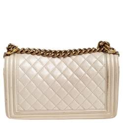 Pre Owned Chanel Ivory Quilted Leather Medium Boy Bag