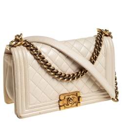 Pre Owned Chanel Ivory Quilted Leather Medium Boy Bag