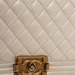 Pre Owned Chanel Ivory Quilted Leather Medium Boy Bag