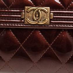 Pre Owned Chanel Brown Quilted Patent Leather Boy Wallet
